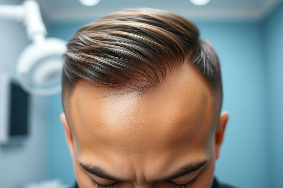 Close-up of a man's forehead and stylish, dark brown hair with highlights. Modern salon setting with blue walls and a bright light overhead. Focus on hair texture and grooming, possibly related to hair styling or hair transplant concepts.