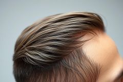 Close-up of a person's hair showcasing highlights and a sleek, styled look. The hair features brown and blonde tones, with a modern, swept-back style against a neutral gray background. Focuses on hair color and styling techniques.