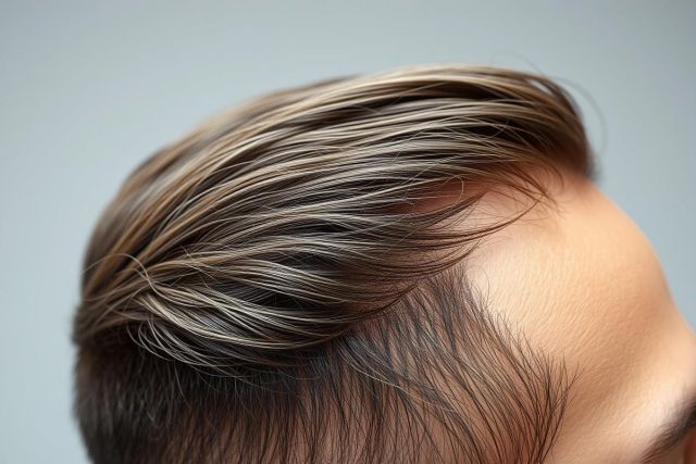 Close-up of a person's hair showcasing highlights and a sleek, styled look. The hair features brown and blonde tones, with a modern, swept-back style against a neutral gray background. Focuses on hair color and styling techniques.