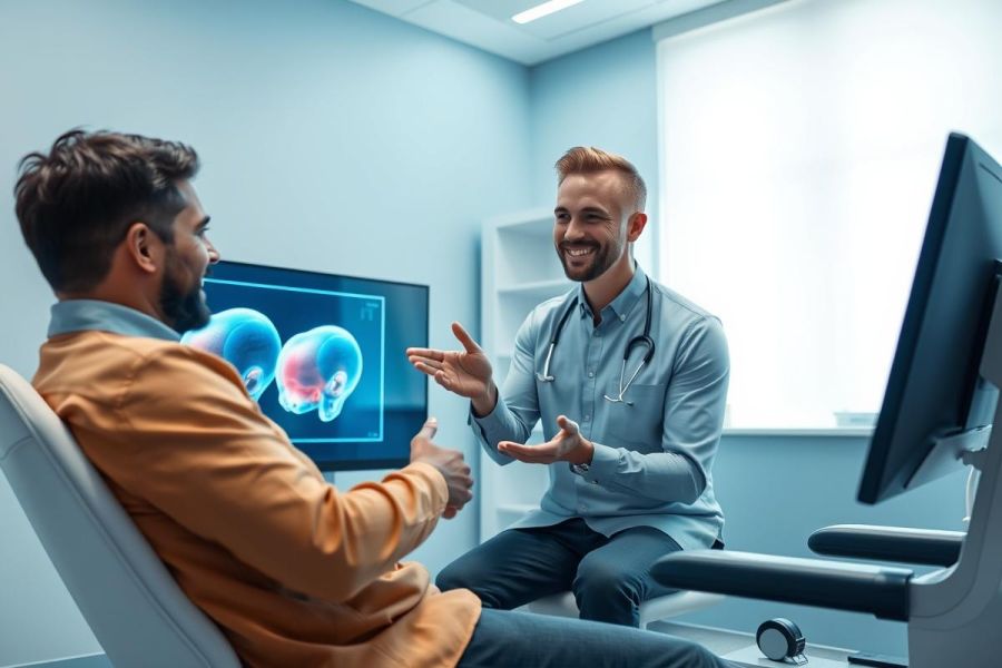 Doctor consults with a patient in a modern medical office. An MRI scan of the brain is displayed on a monitor. The scene features a bright blue interior and a focus on healthcare diagnostics and patient care. Professional medical consultation.