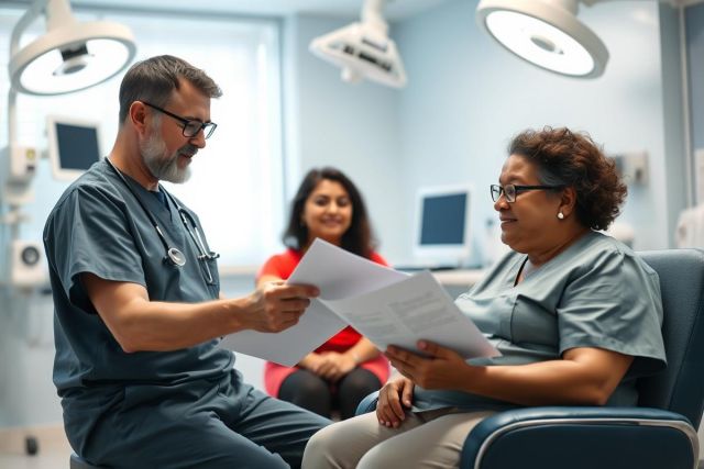 Doctor and patient reviewing medical documents in a bright, modern hospital setting. A healthcare professional discusses paperwork with a woman, while another staff member looks on. Blue scrubs and a clean, clinical environment are prominent. Focus on healthcare, consultation, and medical care.