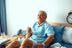 The image shows an elderly man lying in a hospital bed. He appears to be smiling or laughing, indicating that he may feel comfortable and at ease despite being in the hospital setting.