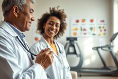 Two smiling doctors in white coats, likely in a clinic or medical office setting. A treadmill and charts are visible in the background. Focus on healthcare professionals, wellness, and patient care. Warm, inviting tones.