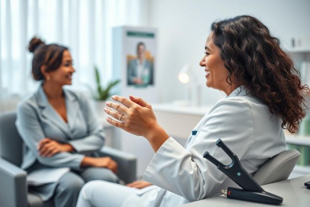 Doctor consulting with patient in a bright, modern medical office. Two women engaged in a discussion, showcasing healthcare consultation and patient care. Warm, neutral colors and a professional setting emphasize a positive medical experience.