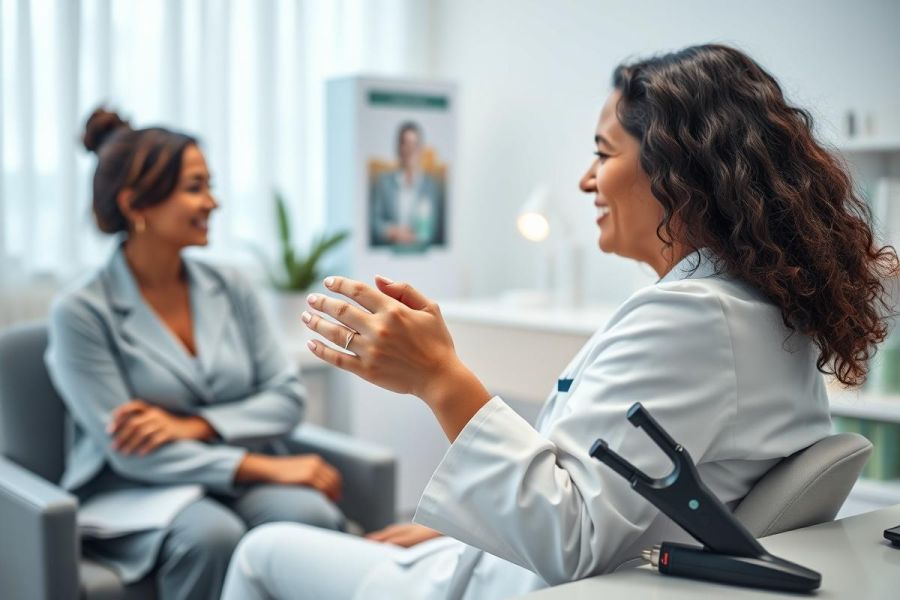 Doctor consulting with patient in a bright, modern medical office. Two women engaged in a discussion, showcasing healthcare consultation and patient care. Warm, neutral colors and a professional setting emphasize a positive medical experience.