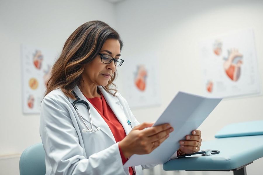 Focused female doctor in a white coat and glasses reviewing patient records in a bright, modern medical office. Anatomical heart diagrams are visible on the wall, suggesting cardiology. A professional healthcare setting with a calming blue examination table.
