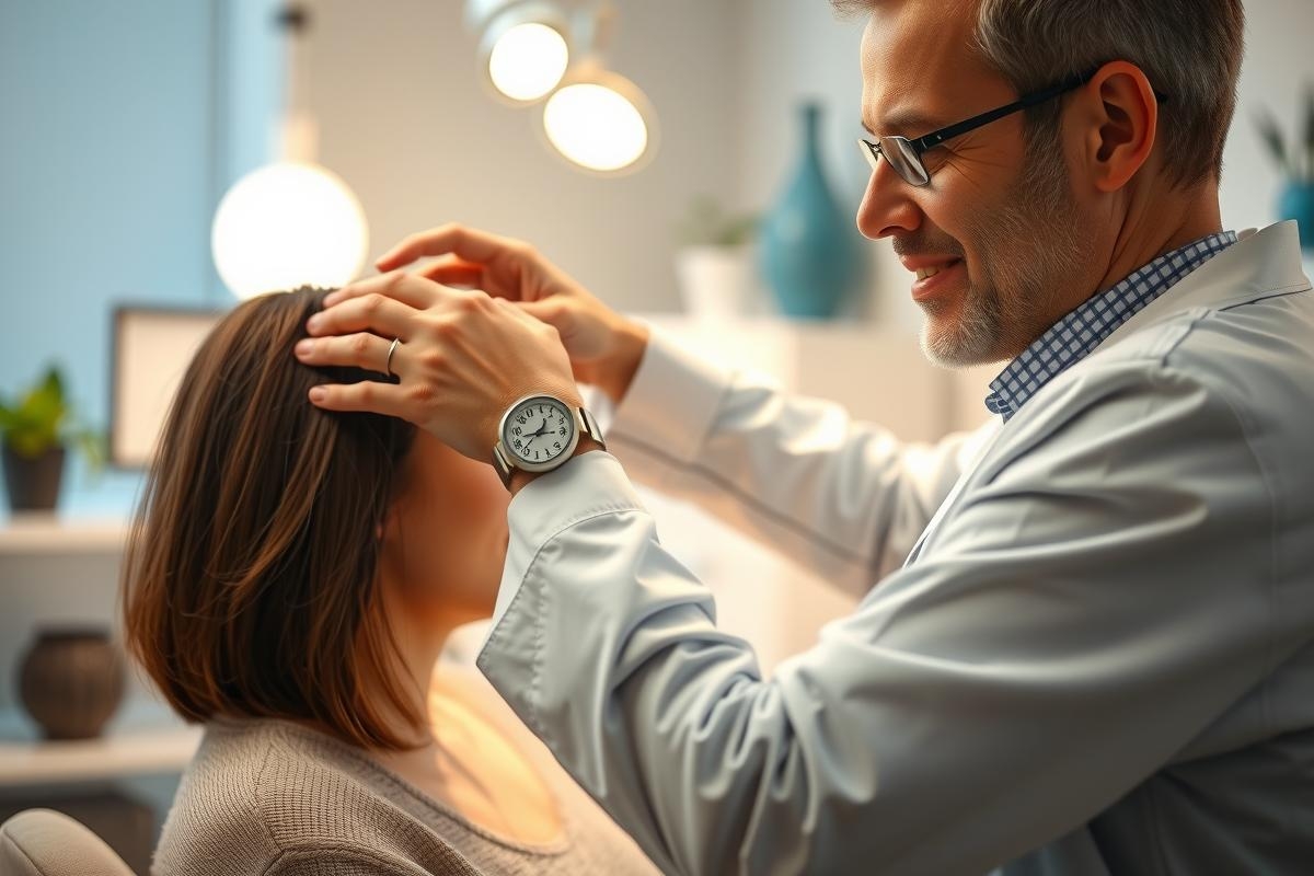 Doctor examining a patient during a consultation. The scene features a medical professional in a white coat checking the patient's head. The setting appears to be a clinic or office, with soft lighting and a calming atmosphere.