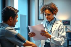 Doctor examining a patient in a medical office. The physician, wearing a white coat and stethoscope, reviews paperwork while speaking with the patient. Healthcare, consultation, and medical examination themes are present.