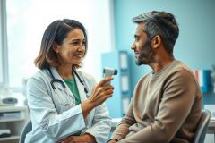 Doctor examining patient with a thermometer in a bright, modern clinic. Healthcare professional in a white coat smiling while taking a temperature reading. Blue and neutral tones create a calm medical environment. Focus on patient care and wellness.