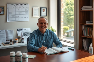 Smiling man sitting at a desk with multiple books, a pen in his hand, and medication bottles on the desk. Office environment suggests professional setting.