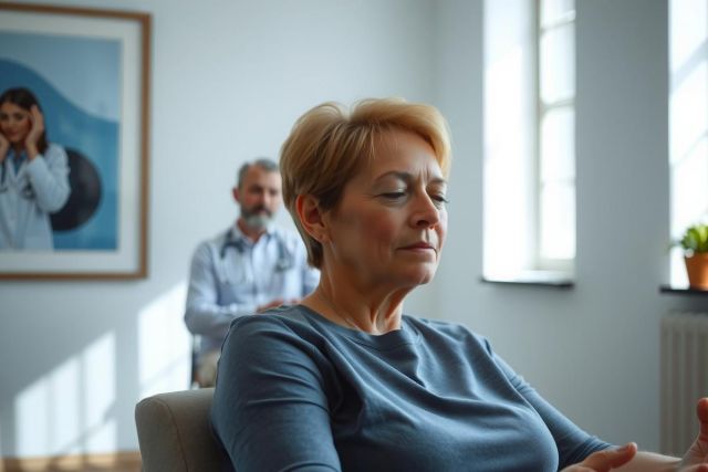 A woman sits in a brightly lit room, looking thoughtful. A man is visible in the background. The scene suggests a comfortable and relaxed interior setting, possibly a home or office.