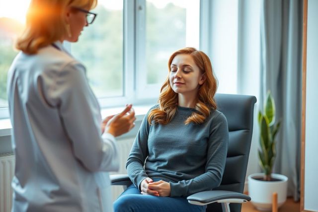 Woman sits in a chair during a therapy session. The scene shows a counseling or consultation setting with a warm, inviting atmosphere. Natural light streams through the window.