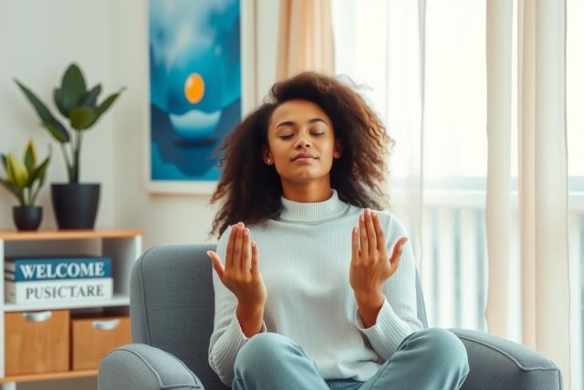Woman meditating on a couch, peaceful scene. Blue artwork, plants, and soft lighting create a serene, mindful atmosphere. Focus on wellness and relaxation.