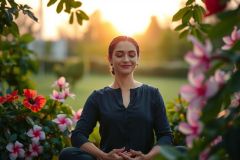 The image shows a woman sitting in a meditative pose, likely yoga or mindfulness. She is wearing dark clothing and has her hands together in what appears to be the 'mudra' position, which is a hand gesture associated with meditation in certain Indian religions. 