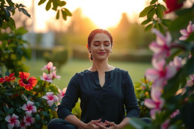 The image shows a woman sitting in a meditative pose, likely yoga or mindfulness. She is wearing dark clothing and has her hands together in what appears to be the 'mudra' position, which is a hand gesture associated with meditation in certain Indian religions. 
