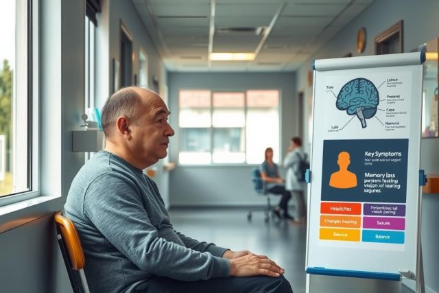 The image depicts an indoor setting where a man is seated at a table, engrossed in reviewing information displayed on a chart. The chart contains brain-related content, indicating a discussion or presentation related to the brain, cognition, or psychological matters.