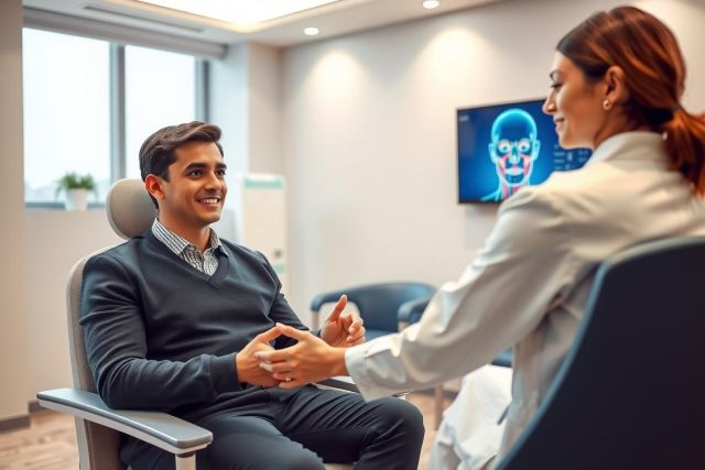 Doctor consults with patient in a modern office setting. The doctor, wearing a white coat, engages in a discussion with a man seated in a chair. A medical diagram is visible on a screen in the background.