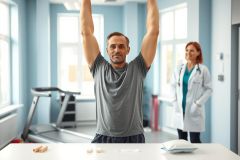 Man performing a physiotherapy exercise in a bright blue clinic. A doctor observes nearby, with gym equipment visible in the background. Focus on rehabilitation, physical therapy, and healthcare recovery.