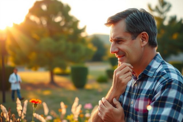 In the image, there is a middle-aged man standing in an outdoor setting. He is dressed casually with a plaid shirt and has his hand resting on his chin. The environment suggests it could be late afternoon or early evening, as indicated by the long shadow on the ground.