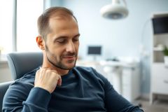 Man in a medical office setting. He's seated in a chair, wearing a blue sweater, with a thoughtful expression. The room features a blue wall and medical equipment, suggesting a doctor's visit or healthcare consultation. Focus on a man's health and wellness.
