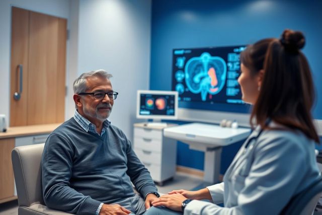 Doctor consults with a patient in a modern medical clinic. A brain scan image is displayed on a screen, suggesting neurological evaluation. Blue and gray tones create a professional, healthcare setting. Focus on patient care and diagnostics.