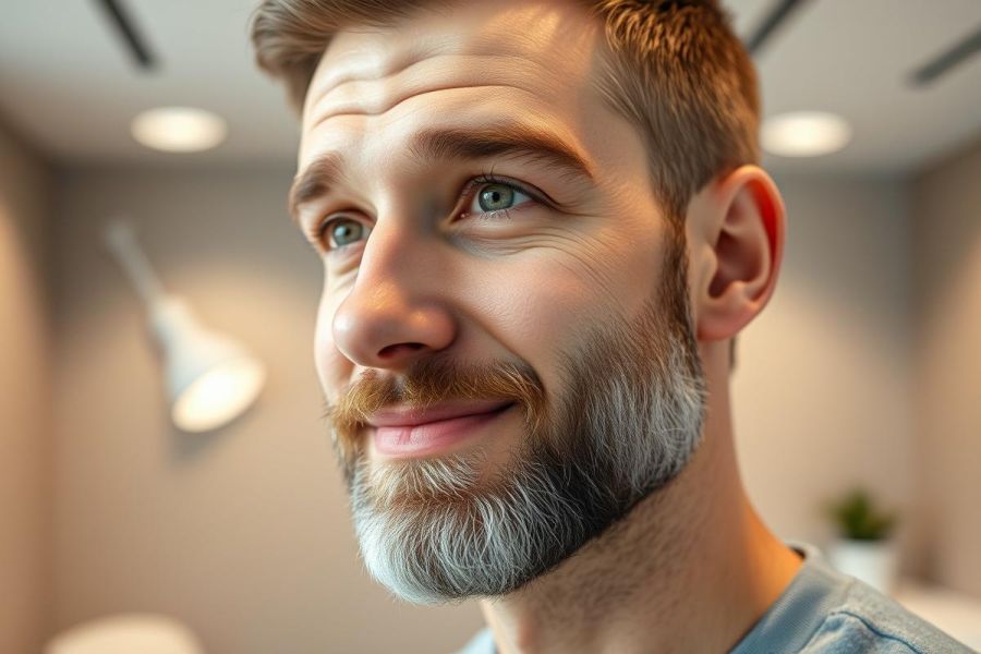 Close-up portrait of a smiling man with a salt-and-pepper beard and striking blue eyes. He's indoors, in a modern office setting with soft lighting. The image showcases a stylish, mature man with a confident expression.
