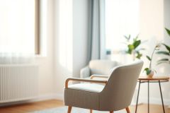 Bright, airy interior featuring a modern beige armchair and side table with plants. Warm natural light streams through a window in this minimalist living room setting. Neutral colors and clean lines create a peaceful, Scandinavian-inspired home decor vibe.