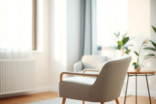 Bright, airy interior featuring a modern beige armchair and side table with plants. Warm natural light streams through a window in this minimalist living room setting. Neutral colors and clean lines create a peaceful, Scandinavian-inspired home decor vibe.