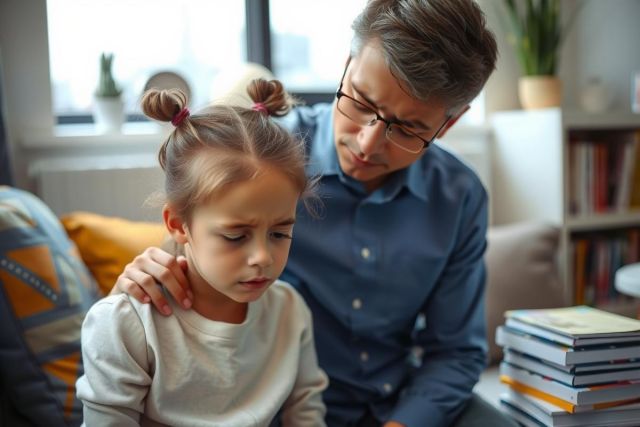 A man and a young girl are in an indoor setting, likely a home. The man is seated on the floor next to the girl, looking down at her with concern or possibly distress.