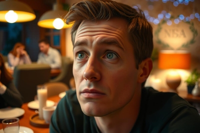 The photo shows a man sitting at a table in what appears to be a restaurant or cafe setting. He has short hair and is wearing a dark-colored top, suggesting a casual attire appropriate for the occasion.