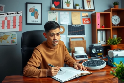 The image shows a man sitting at a desk in an office environment. He is dressed in a brown sweater and appears to be focused on some work or task, possibly note-taking or reading from a book.