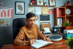 The image shows a man sitting at a desk in an office environment. He is dressed in a brown sweater and appears to be focused on some work or task, possibly note-taking or reading from a book.