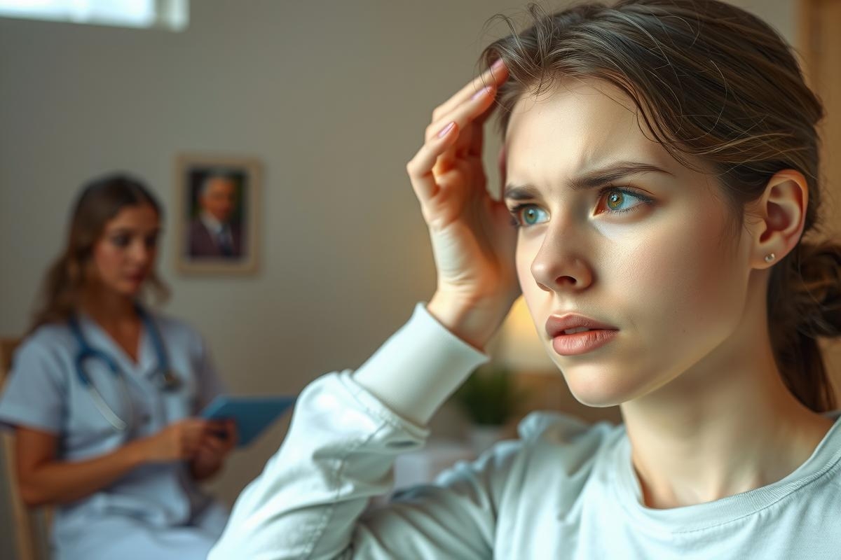 The image depicts a scene set in a clinical or medical setting. A woman is in the foreground, with another woman, possibly a doctor or nurse, sitting in the background. The woman appears distressed, with her hand on her forehead, suggesting she is feeling unwell or upset.