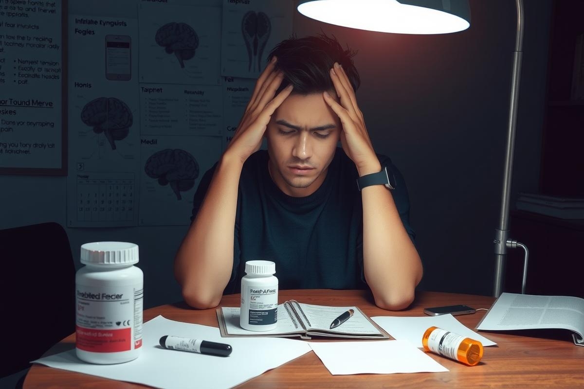 The image portrays a young man, possibly a student, seated at a desk with papers and bottles of medicine. He is looking down at the work in front of him, his hand resting on his head in a gesture that suggests deep thought or concentration.