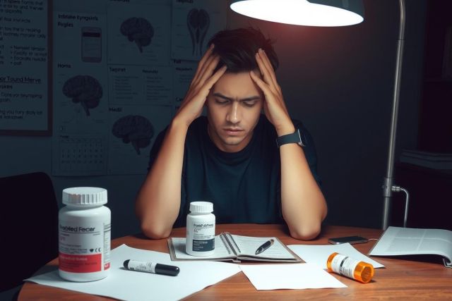 The image portrays a young man, possibly a student, seated at a desk with papers and bottles of medicine. He is looking down at the work in front of him, his hand resting on his head in a gesture that suggests deep thought or concentration.