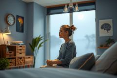 A woman sits on a bed in a meditation or contemplation pose. The room has a relaxed atmosphere with various decor items, such as artwork and plants. The bedding includes soft pillows and a blue duvet. Natural light from the open window suggests it might be dawn or dusk.