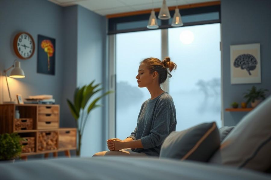 A woman sits on a bed in a meditation or contemplation pose. The room has a relaxed atmosphere with various decor items, such as artwork and plants. The bedding includes soft pillows and a blue duvet. Natural light from the open window suggests it might be dawn or dusk.