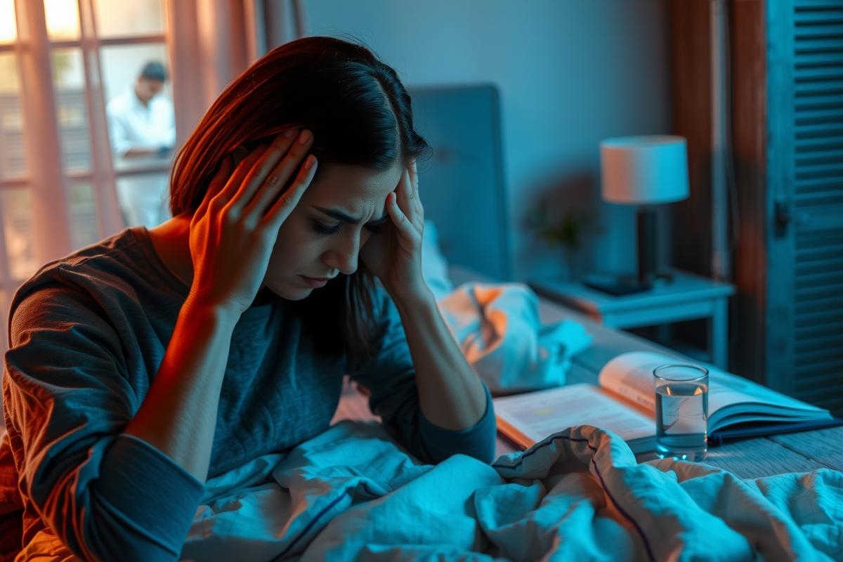 A young woman sits on a bed in a dimly lit room, her hands clasped over her head, looking frustrated. Papers are scattered around her, suggesting she is overwhelmed or stressed by work or study.