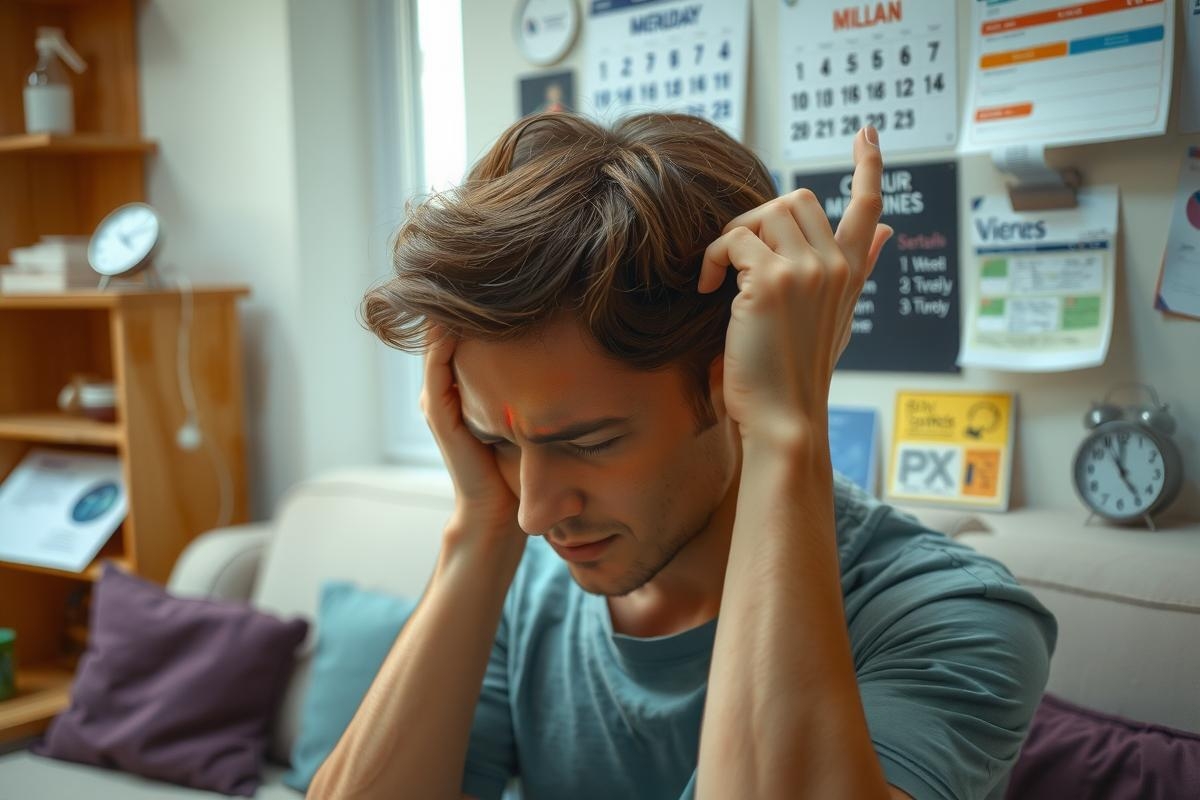 This image features a young man sitting on a couch with his hands clutched to his head in an expression of pain or concern. He appears to be experiencing discomfort or stress.