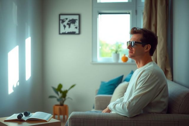 A man with sunglasses on his head, sitting on a couch in a modern living room with minimalistic design. His posture suggests relaxation or contemplation.