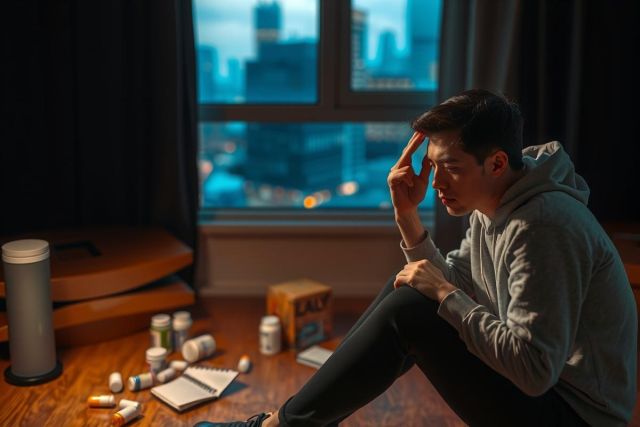 A young man sits on the floor of a dimly lit room, clutching his head with her hand. He is wearing a gray sweatshirt and jeans, surrounded by scattered prescription medication bottles. The window suggests an urban setting, possibly indicating a narrative about mental health issues or addiction.