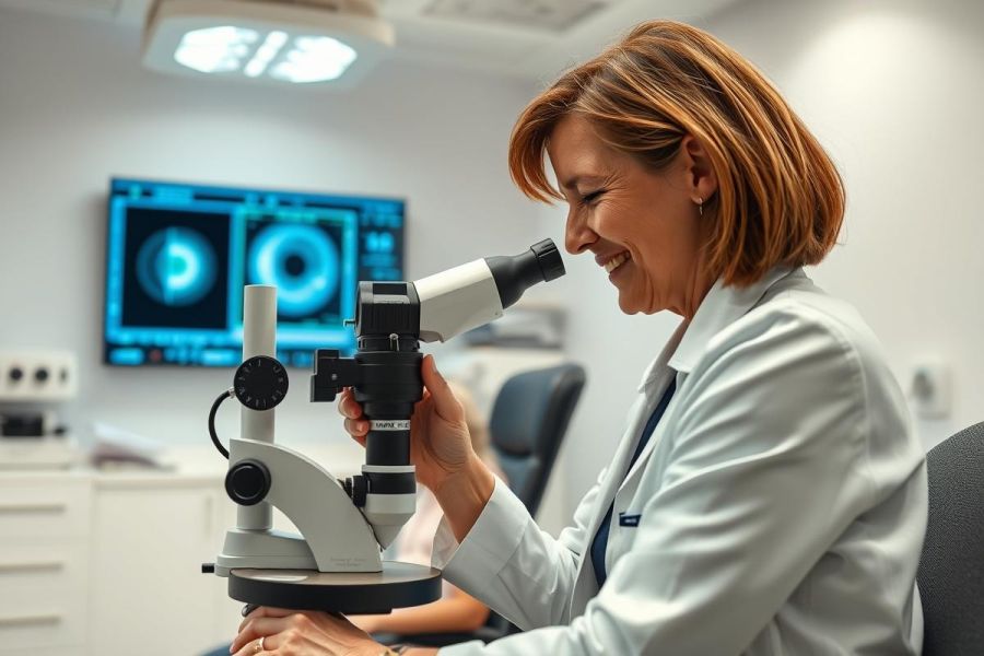Female doctor examining a slide under a microscope in a modern medical lab. Bright, clean environment with blue and white tones. Focus on healthcare, science, and research. Professional setting, likely an ophthalmology clinic.