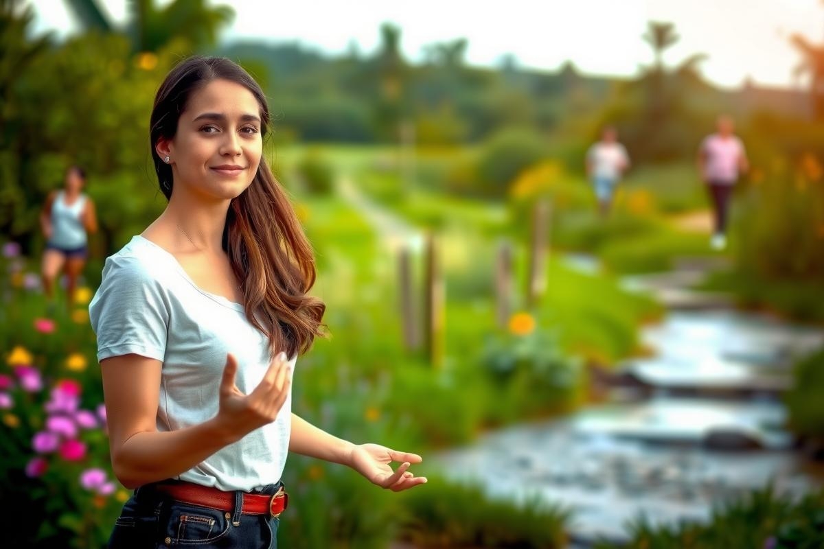 This is a colorful photograph of a woman standing beside a mountain stream. She appears to be in a scenic, natural setting with vibrant greenery and pink flowers. The environment suggests a pleasant, possibly tropical location. The woman is smiling and has her arms outstretched towards the water, evoking a sense of joy and connection with nature.