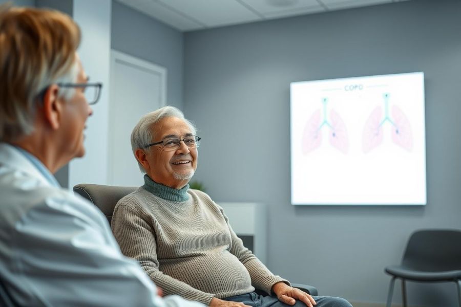 Senior man consults with a doctor in a medical office. The scene features a COPD lung diagram on the wall. Warm lighting and a calming blue environment create a healthcare setting focused on patient care and respiratory health. Image depicts a doctor-patient relationship and medical consultation.