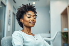 Serene Black woman meditating in a modern, light-filled office space. Close-up portrait with focus on relaxation and mindfulness. Natural hair, neutral tones, peaceful atmosphere. Wellness, self-care, and calm imagery.