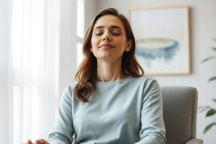 Serene woman meditating indoors. She's seated in a comfortable chair, eyes closed, wearing a light blue sweater. Soft, natural light streams through sheer curtains, creating a calming atmosphere. A framed abstract painting in muted tones adds to the peaceful setting. Represents mindfulness and relaxation.