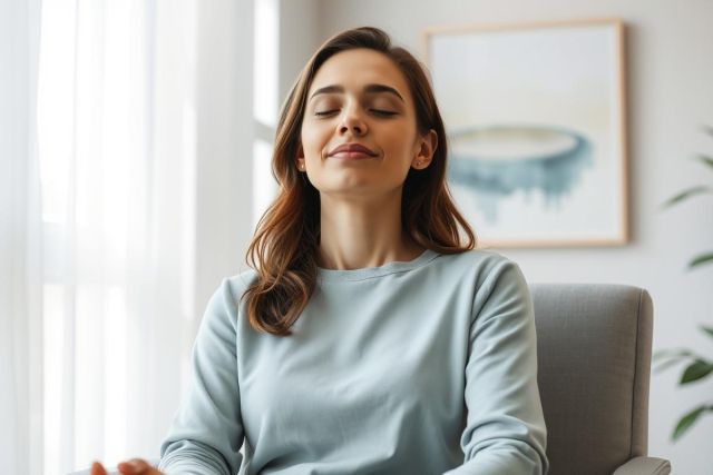Serene woman meditating indoors. She's seated in a comfortable chair, eyes closed, wearing a light blue sweater. Soft, natural light streams through sheer curtains, creating a calming atmosphere. A framed abstract painting in muted tones adds to the peaceful setting. Represents mindfulness and relaxation.