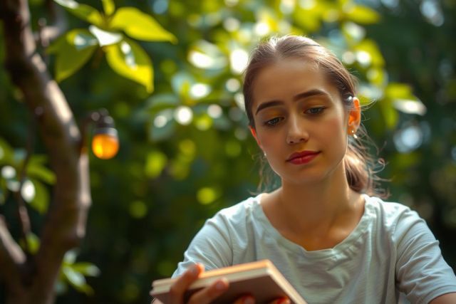 A young woman with brown hair is seated at a table in the shade under green foliage. She wears a light top and has her head slightly tilted as she gazes at a book open on the table before her.