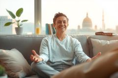 The image shows a young man sitting on a couch with his arms stretched out, smiling. He is wearing comfortable clothing and appears to be in a state of relaxation or perhaps celebration. 