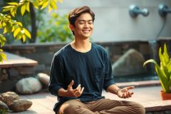 A young man sitting in meditation pose on a patio, with hands together and eyes closed. Surrounded by plants, enjoying peaceful environment.